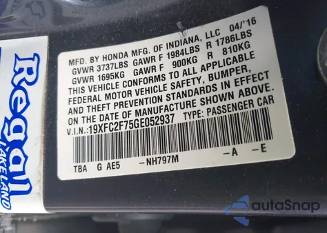 2016 Honda Civic Ex from USA, damaged, VIN 19XFC2F75GE052937